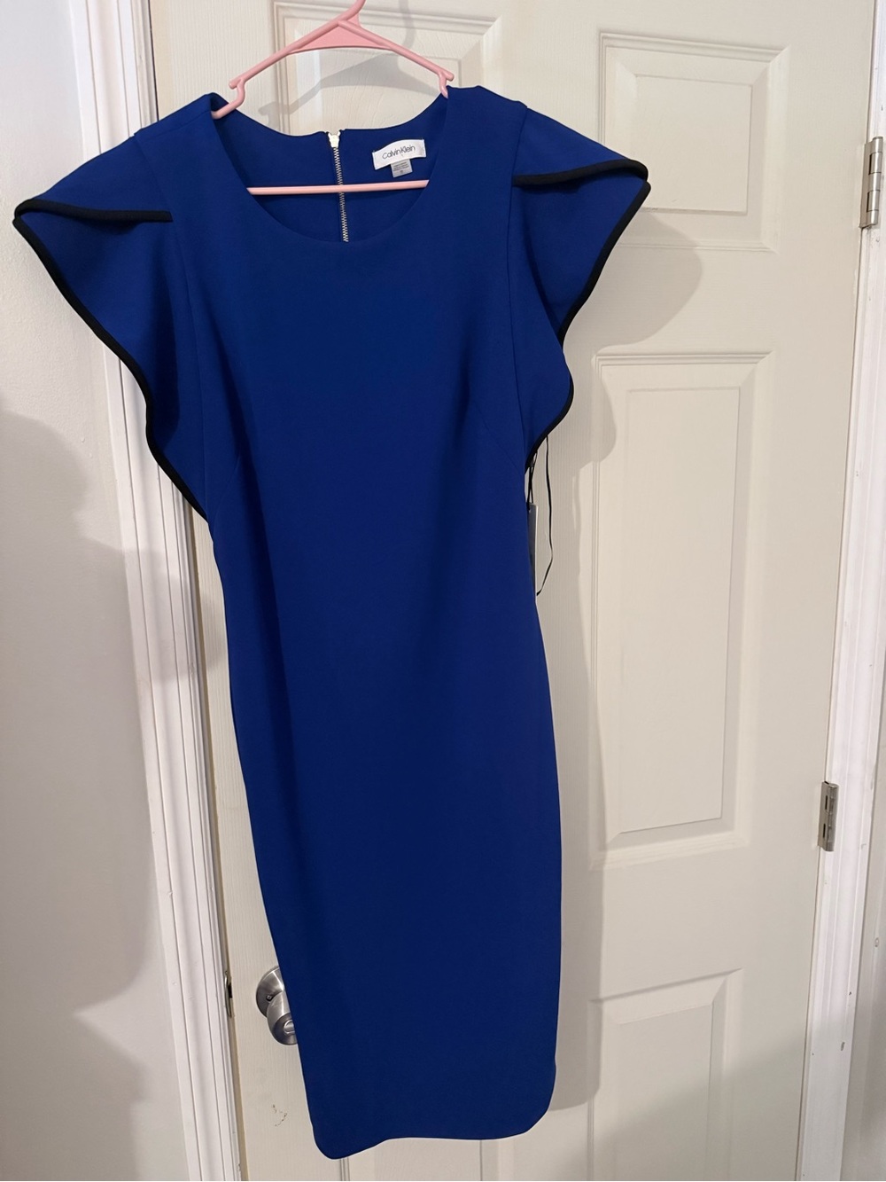 Calvin Klein Cobalt Blue Flutter-Sleeve Sheath Dress with Black Trim